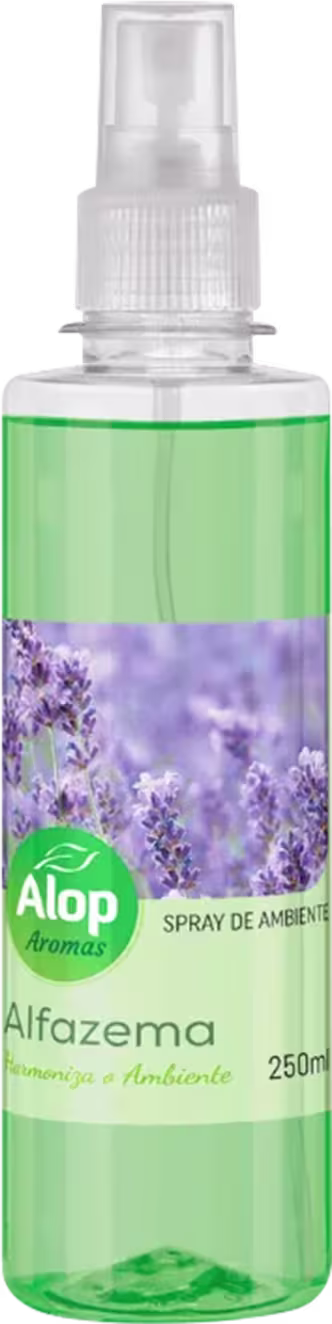 Spray de ambiente Alfazema da marca Alop Aromas. Rótulo com o logotipo Alop Aromas e informações do produto em verde e branco. Embalagem de 250ml com borrifador branco na parte superior.