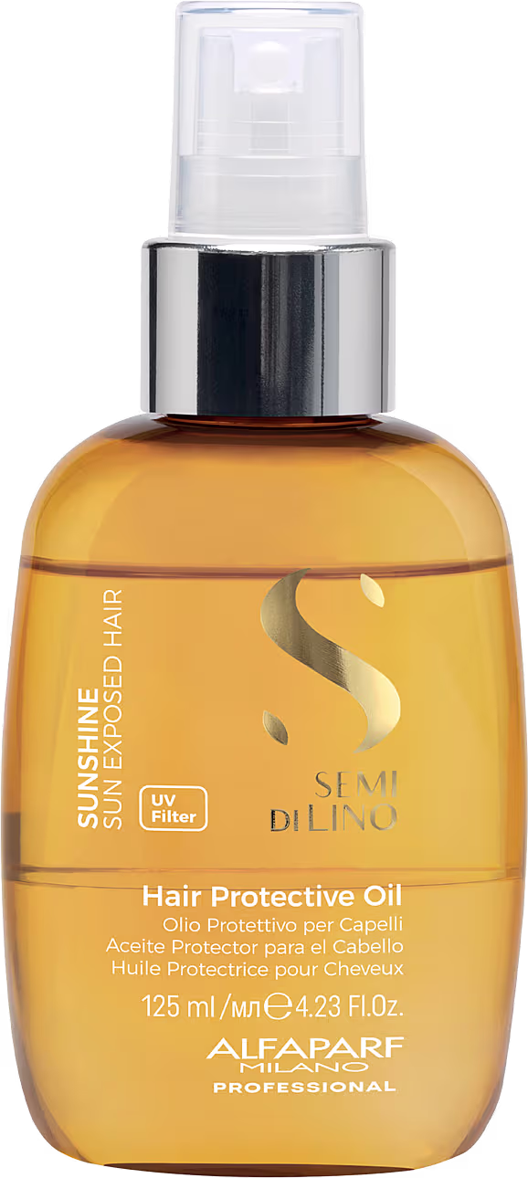 Frasco de óleo protetor para cabelos da marca Alfaparf Milano, com 125 ml de capacidade. O produto possui embalagem de plástico transparente com tampa spray e rótulo amarelo com logotipo da marca.