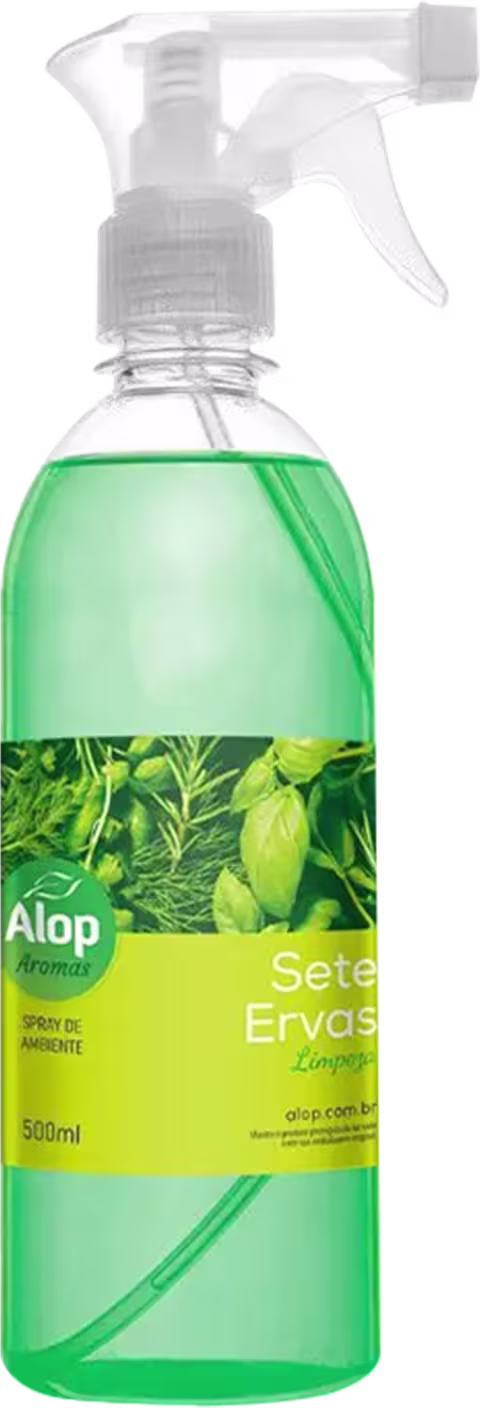 Spray de ambiente com fragrância de ervas cítricas. Embalagem plástica transparente verde de 500ml com acionador spray branco. Rótulo com imagem de folhas verdes e limões amarelos. Texto "Alop Aromas" e "Sete Ervas Limão" visível na embalagem.