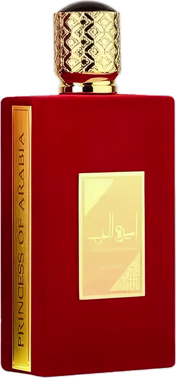 Frasco de perfume vermelho da marca Lattafa Perfumes, com tampa dourada e rótulo dourado com texto árabe. O frasco possui um design elegante e sofisticado.