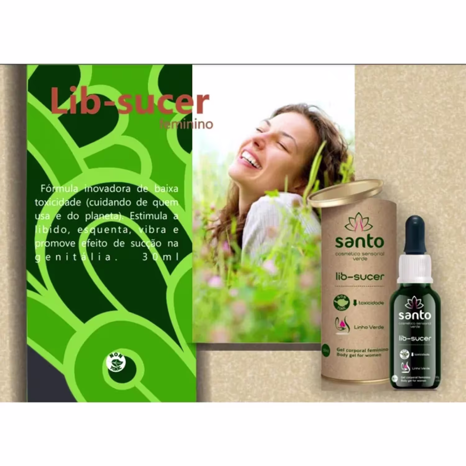 O produto apresentado é o gel corporal, ao lado uma imagem de uma mulher sorridente em um campo florido. Um folheto informativo verde com detalhes sobre a fórmula inovadora de baixa toxicidade acompanha o conjunto.