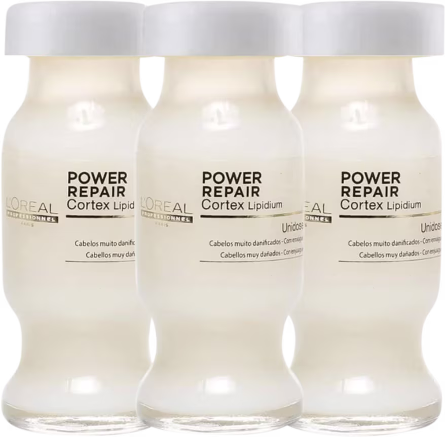 A imagem mostra 3 ampolas de tratamento capilar da marca L'Oréal Professionnel. Elas são de vidro transparente, mostrando o líquido branco no interior.