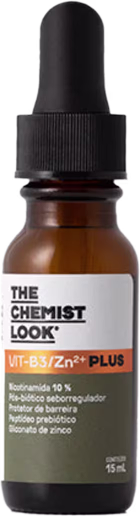 É um frasco pequeno de vidro âmbar com uma tampa preta de plástico. Há um rótulo branco com o texto "THE CHEMIST LOOK" e "VIT-B3/Zn++ PLUS" em letras pretas.