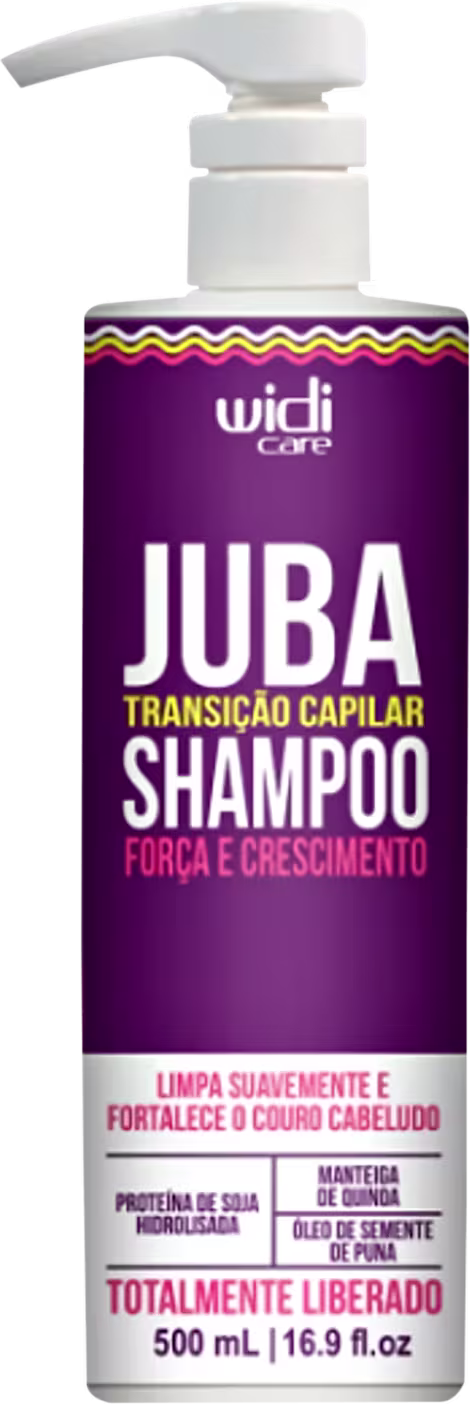 Frasco de shampoo Widi Care Juba, com bomba dosadora, em embalagem roxa com detalhes coloridos. Rótulo indica "Transição Capilar Shampoo - Força e Crescimento".