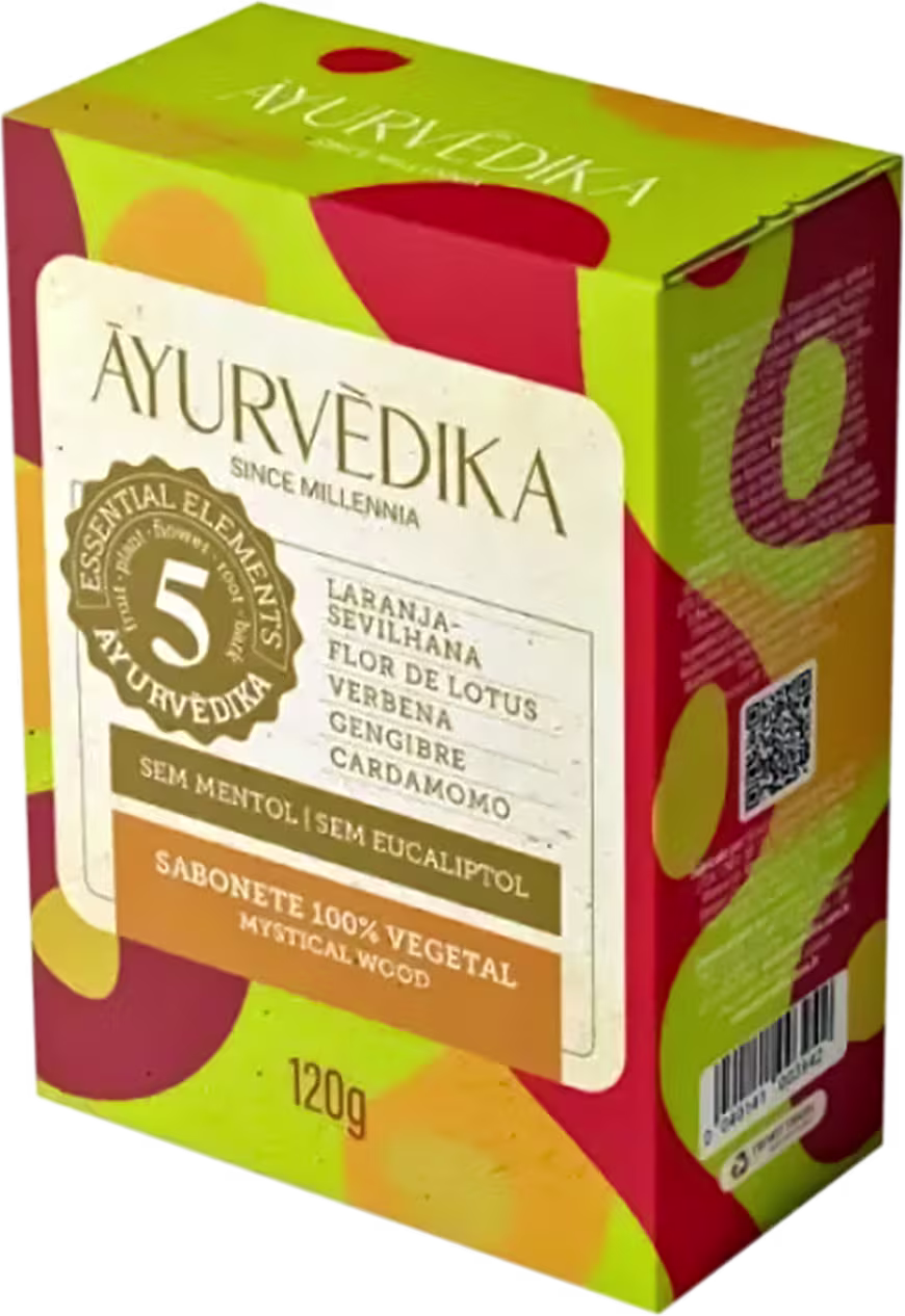 Sabonete 100% vegetal Ayurvedika. A embalagem é uma caixa retangular de cor verde e vermelha, com detalhes em amarelo.