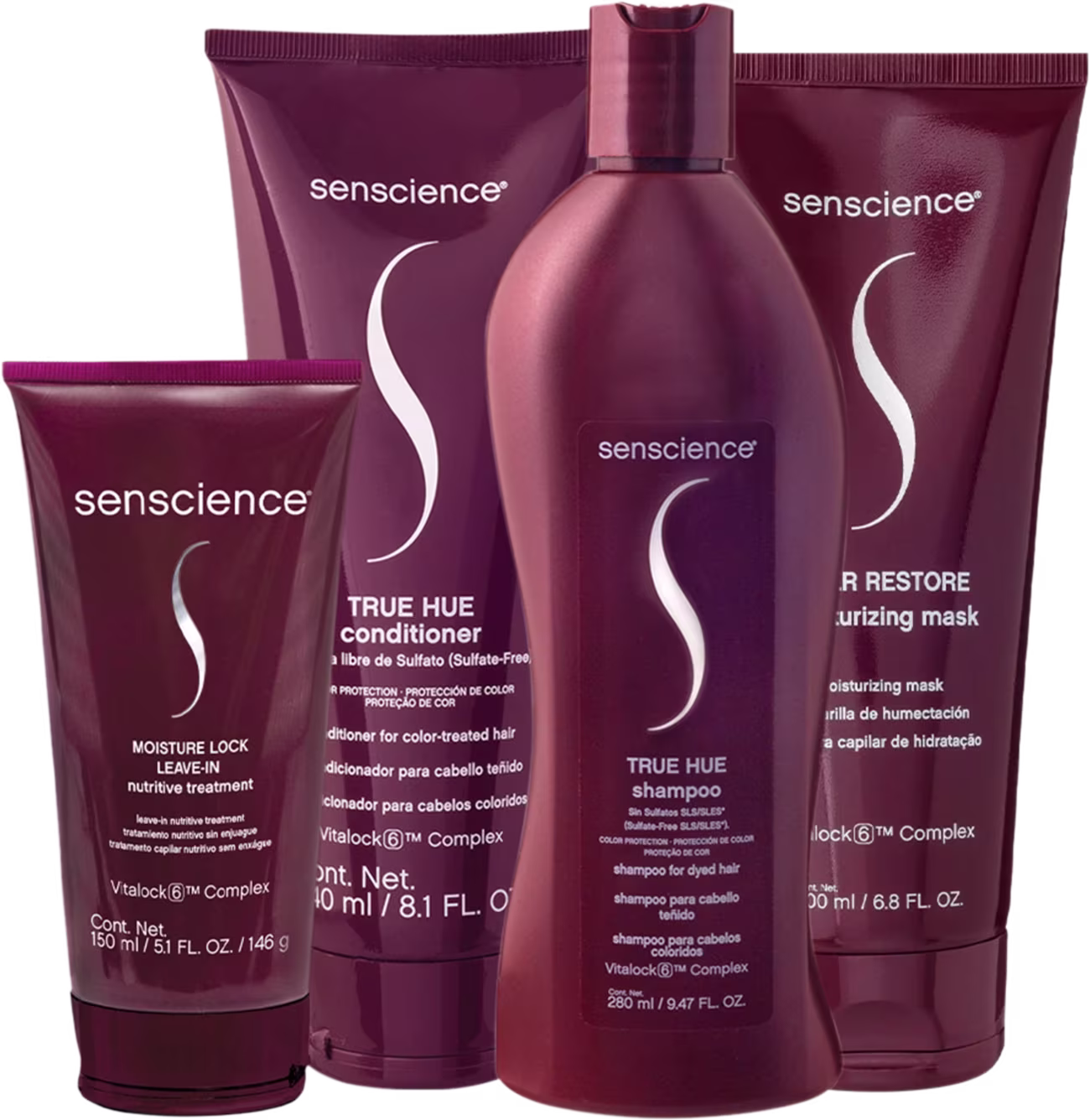 Conjunto de produtos da marca Senscience, incluindo shampoo, condicionador, máscara e tratamento leave-in, em embalagens de plástico na cor vinho.
