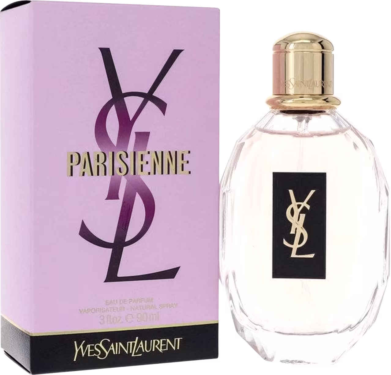Perfume Parisienne da marca Yves Saint Laurent. Frasco de vidro transparente com tampa dourada. Caixa retangular lilás com o logotipo e nome do perfume em letras escuras.