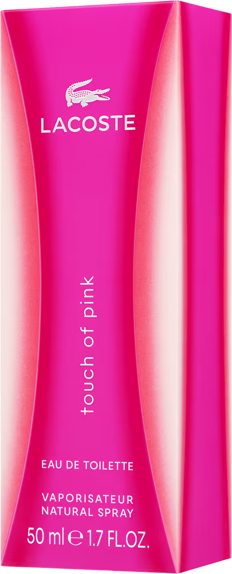 Perfume em frasco cilíndrico transparente com gradiente de cores rosa e laranja. O frasco possui uma tampa plástica transparente. Na parte frontal do frasco, está impresso o logotipo "Lacoste" em letras maiúsculas brancas.