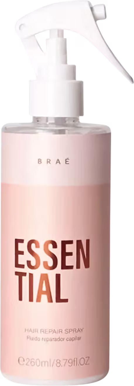 Spray finalizador para cabelos. Rótulo com o nome "Essential" em letras marrons maiúsculas e "Hair Repair Spray" em letras menores abaixo. Frasco com aplicador tipo borrifador e 260ml de volume.
