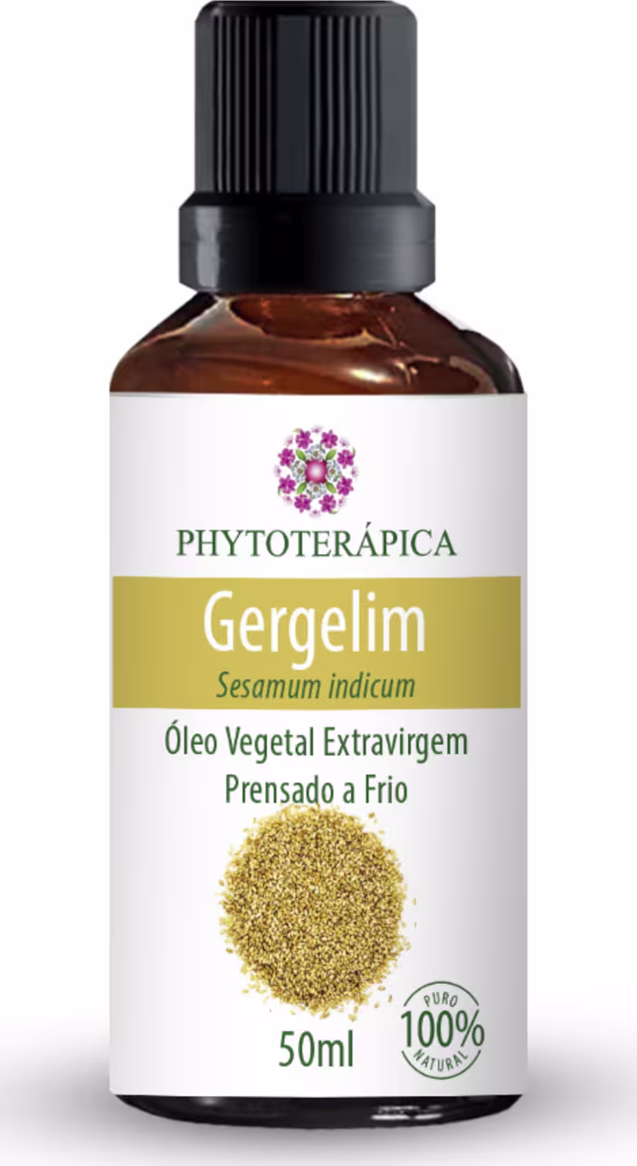 Frasco de óleo vegetal extravirgem Gergelim da marca Phytoterápica, com 50ml de conteúdo. O rótulo apresenta o nome do produto, a composição botânica e a indicação de que é um óleo prensado a frio.
