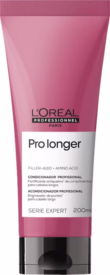 É um condicionador profissional da linha Pro Longer da L'Oréal Professionnel. A embalagem é um tubo plástico rosa com detalhes em vermelho escuro.