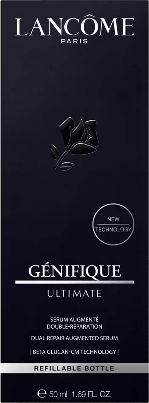 Caixa da embalagem. O rótulo destaca o nome do produto, "Génifique Ultimate", e menciona que se trata de um "Dual-Repair Augmented Serum" com tecnologia "Beta Glucan-CM". A garrafa possui 50 ml de conteúdo.