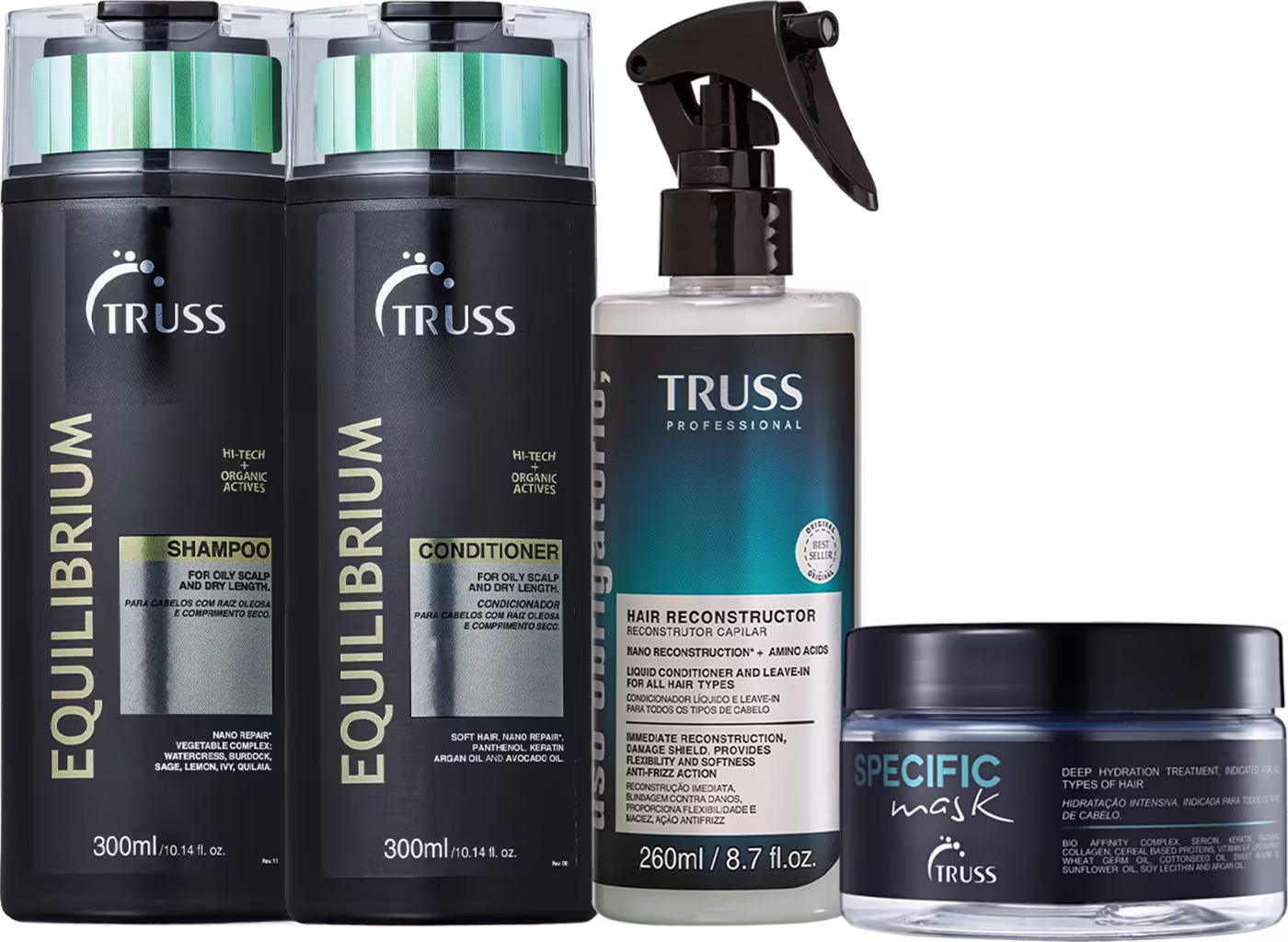 Produtos de cabelo da marca Truss, incluindo shampoo, condicionador e máscara de reconstrução capilar em embalagens pretas e verdes, além de um spray reconstructor em frasco branco.