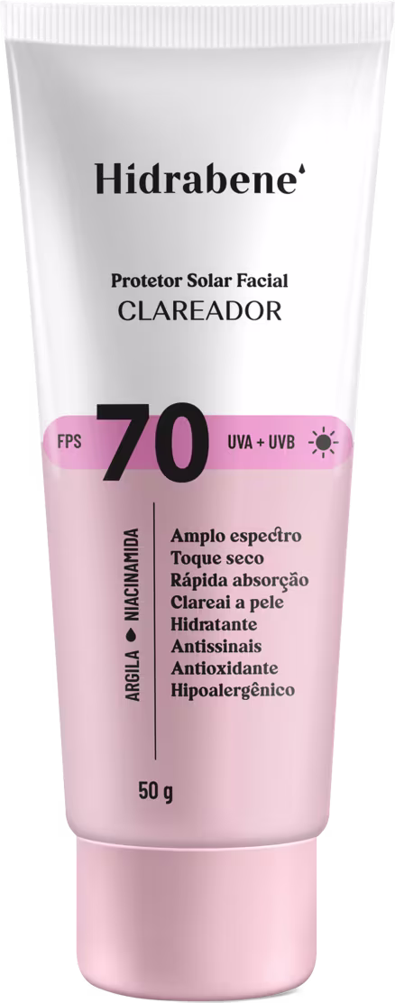 Protetor solar facial Hidrabene, com FPS 70 e proteção UVA + UVB contendo 50g. O rótulo destaca as principais características do produto, como amplo espectro, rápida absorção, hidratante, antisséptico e hipoalergênico.