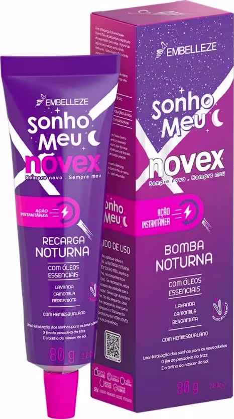A imagem mostra caixa e bisnaga da Máscara Capilar Novex Sonho Meu Recarga Noturna, da marca Embelleze. Os produtos têm embalagem roxa com detalhes em rosa. Destaca benefícios para o cabelo durante a noite, como hidratação, recuperação e nutrição profunda