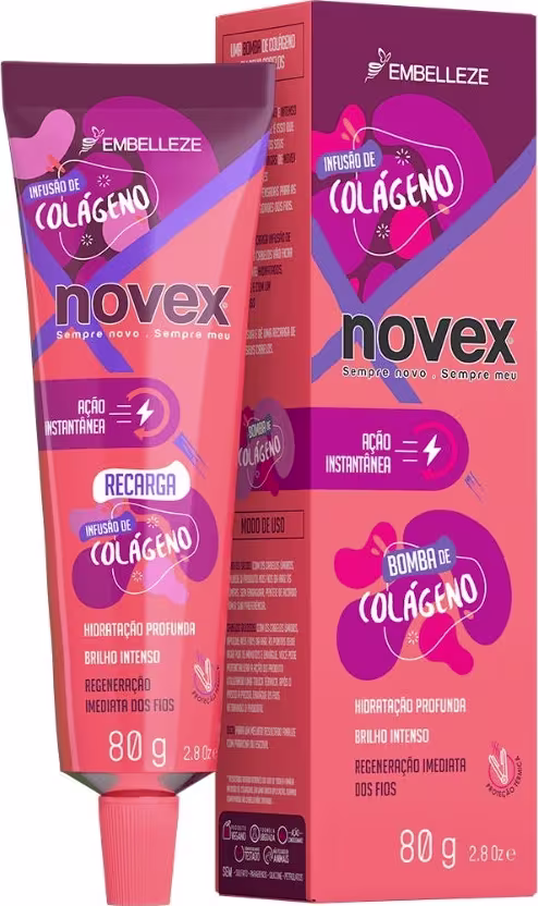 A imagem mostra Tratamento de Recarga Infusão de Colágeno 80g, da marca Novex, da Embelleze. Há uma caixa e um tubo plástico em tons de rosa, roxo e laranja vibrantes. Traz texto dos benefícios: hidratação profunda, brilho intenso e ação instantânea.