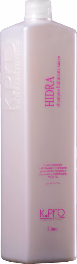 Hidra Shampoo Hidratante Nutritivo da linha K.Pro. Embalagem plástica na cor rosa claro. Rótulo com o nome do produto "HIDRA" em letras maiúsculas rosa e a descrição "shampoo hidratante nutritivo" abaixo em letras menores.