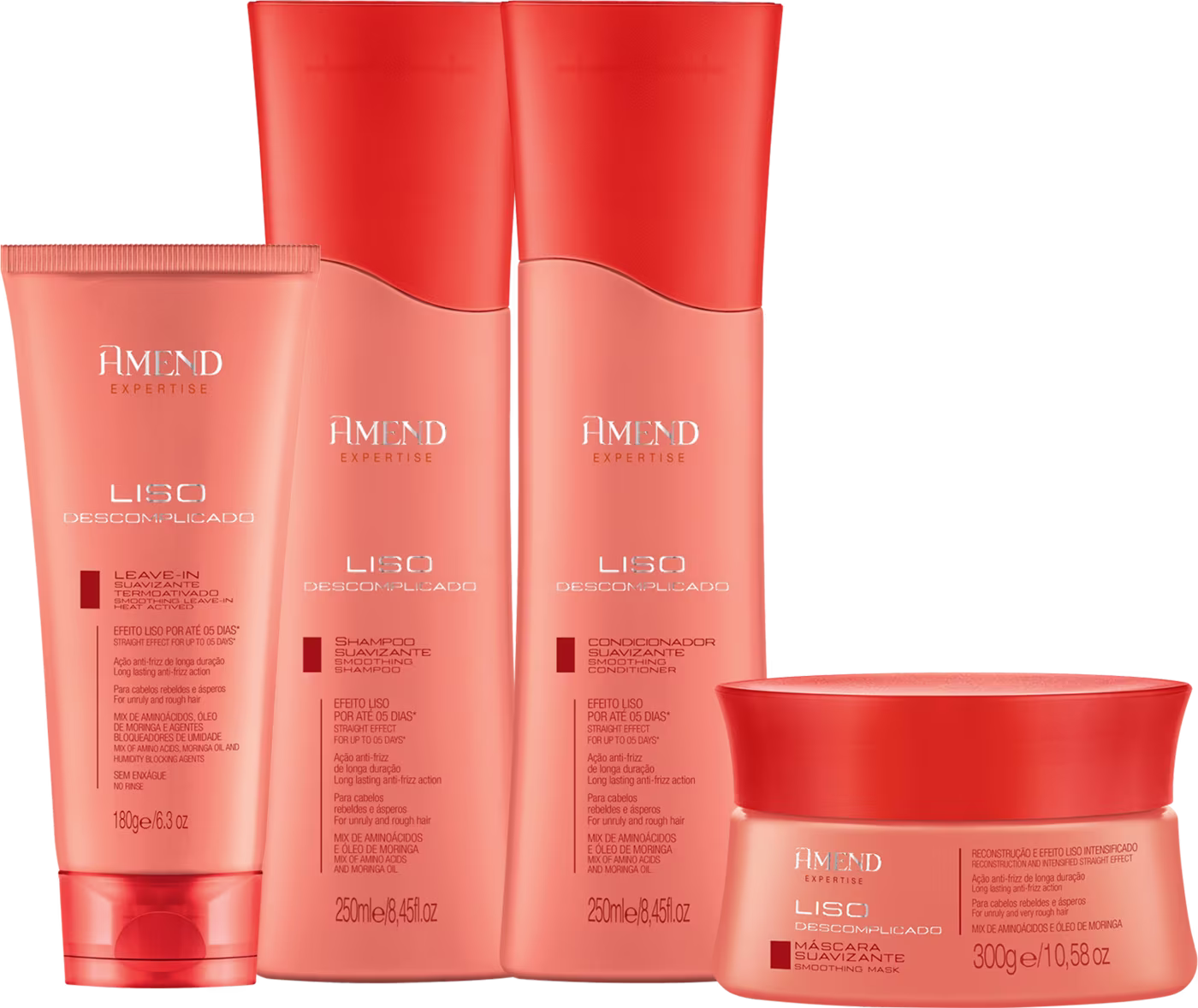 Kit Amend Cosméticos Liso Descomplicado Shampoo, Condicionador, Máscara e Leave-in