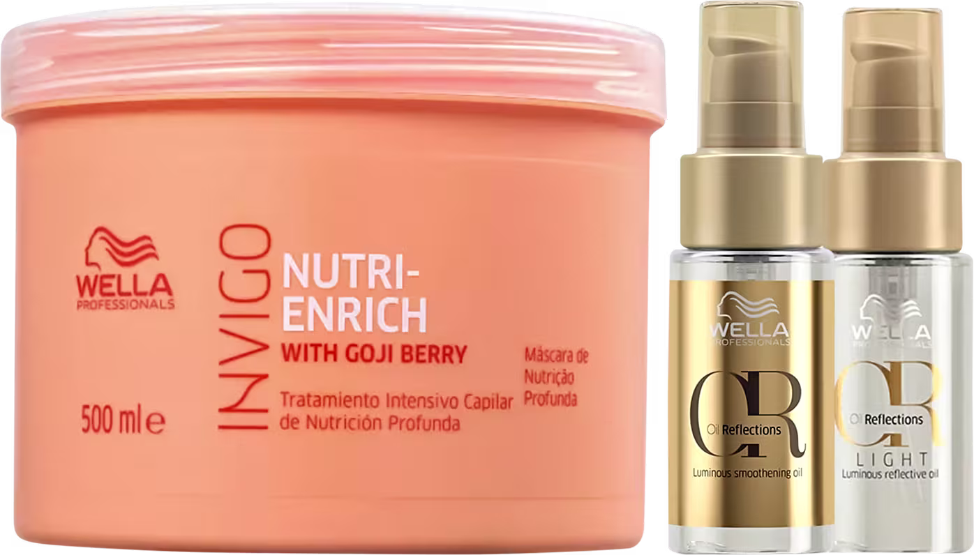 Kit Wella com Máscara Invigo Nutri-Enrich 500ml, óleo Oil Reflections 30ml, e Oil Light 30ml