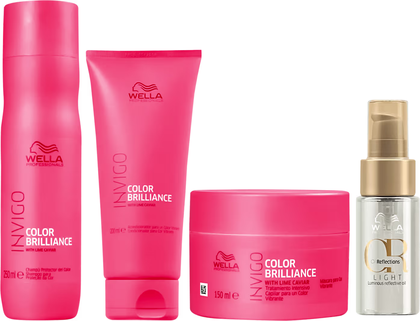 Produtos da linha Wella Professionals Color Brilliance, incluindo shampoo, condicionador e máscara em embalagens rosa vibrante, além de um frasco do óleo Oil Reflections Light