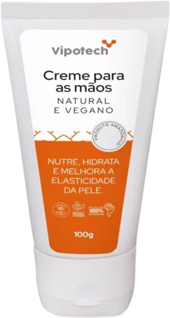 Creme para as mãos da marca Vipotech, em embalagem branca com detalhes laranja, rotulado como "Natural e Vegano". O produto promete nutrir, hidratar e melhorar a elasticidade da pele.