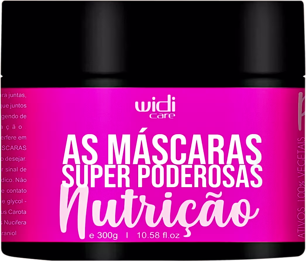 Embalagem preta e rosa com o texto "As Máscaras Super Poderosas Nutrição" da marca Widi Care, contendo 300g do produto.