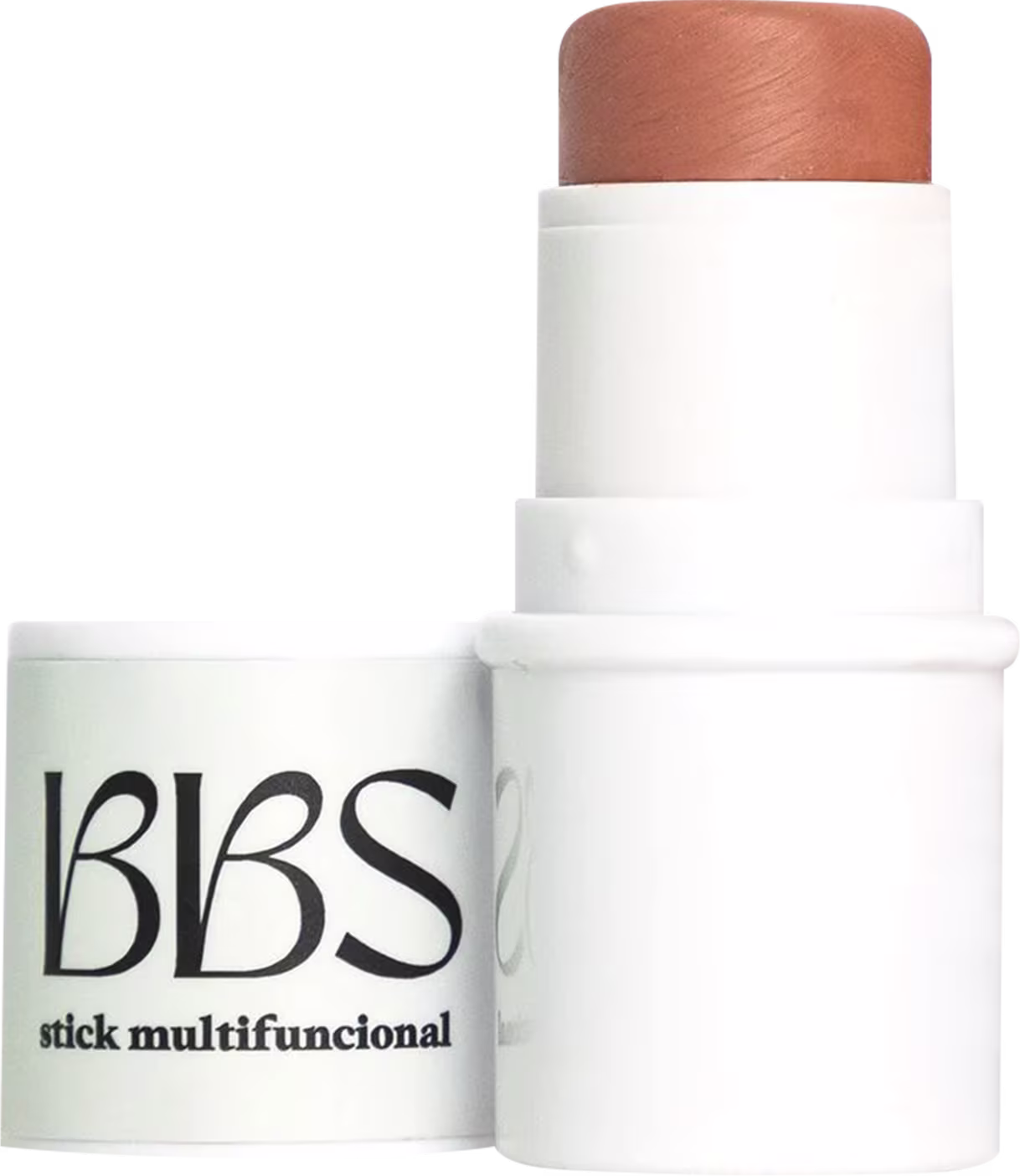 Produto de beleza em formato de bastão branco com rótulo preto exibindo a sigla "BBS" e a descrição "stick multifuncional". O produto possui uma ponta arredondada de cor laranja.