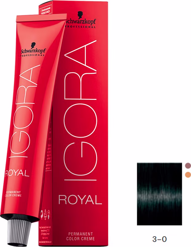 Coloração de cabelo da marca Schwarzkopf Professional, na cor vermelha, com o nome "Igora Royal" impresso em preto. O produto é descrito como uma tintura de cabelo permanente.