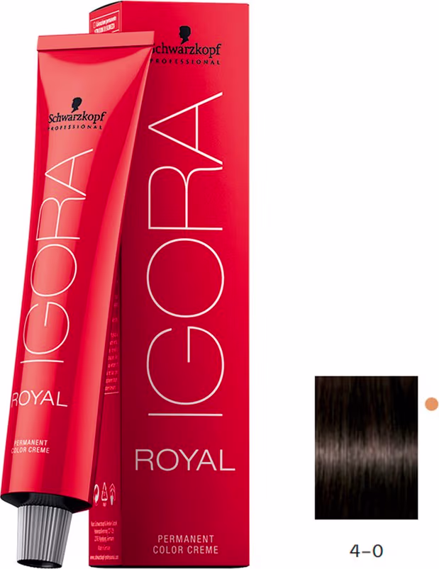Coloração de cabelo da marca Schwarzkopf Professional, na cor vermelha, com o nome "Igora Royal" impresso em preto. O produto é descrito como uma tintura de cabelo permanente.