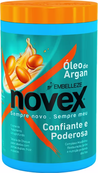 A imagem mostra o Creme de Tratamento Óleo de Argan 400g da marca Novex. É um pote plástico cilíndrico na cor azul com tampa laranja. O rótulo destaca que o produto oferece restauração, brilho e nutrição profunda.