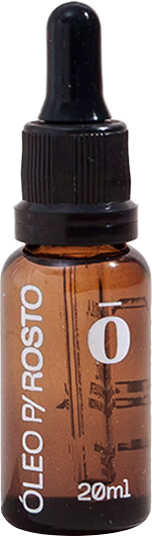 Frasco de óleo de rosto Fitō com 20ml, embalagem de vidro âmbar com conta-gotas preto, rótulo branco com texto "Óleo p/rosto" e logotipo da marca.