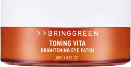 Toning Vita Brightening Eye Patch, um produto da marca Bringgreen em embalagem laranja e branca, com texto indicando que se trata de um patch para área dos olhos com propriedades clareadoras.