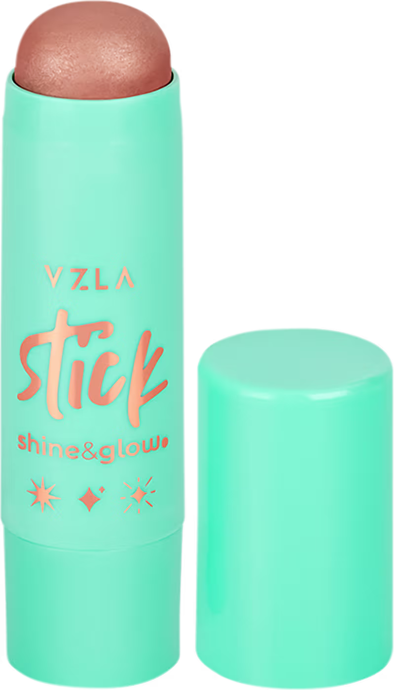 Bastão de maquiagem Vizzela Cosméticos Stick Shine&Glow, em embalagem cilíndrica na cor verde menta, com detalhes em laranja e estrelas impressas.