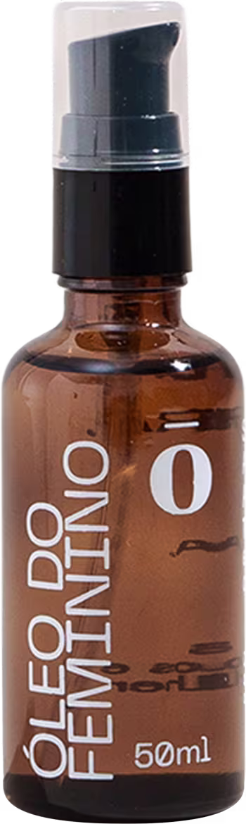 Frasco de vidro âmbar com bomba dosadora preta contendo óleo essencial da marca Fitō. Rótulo branco com texto "Óleo do Feminino" e "50ml" impresso.
