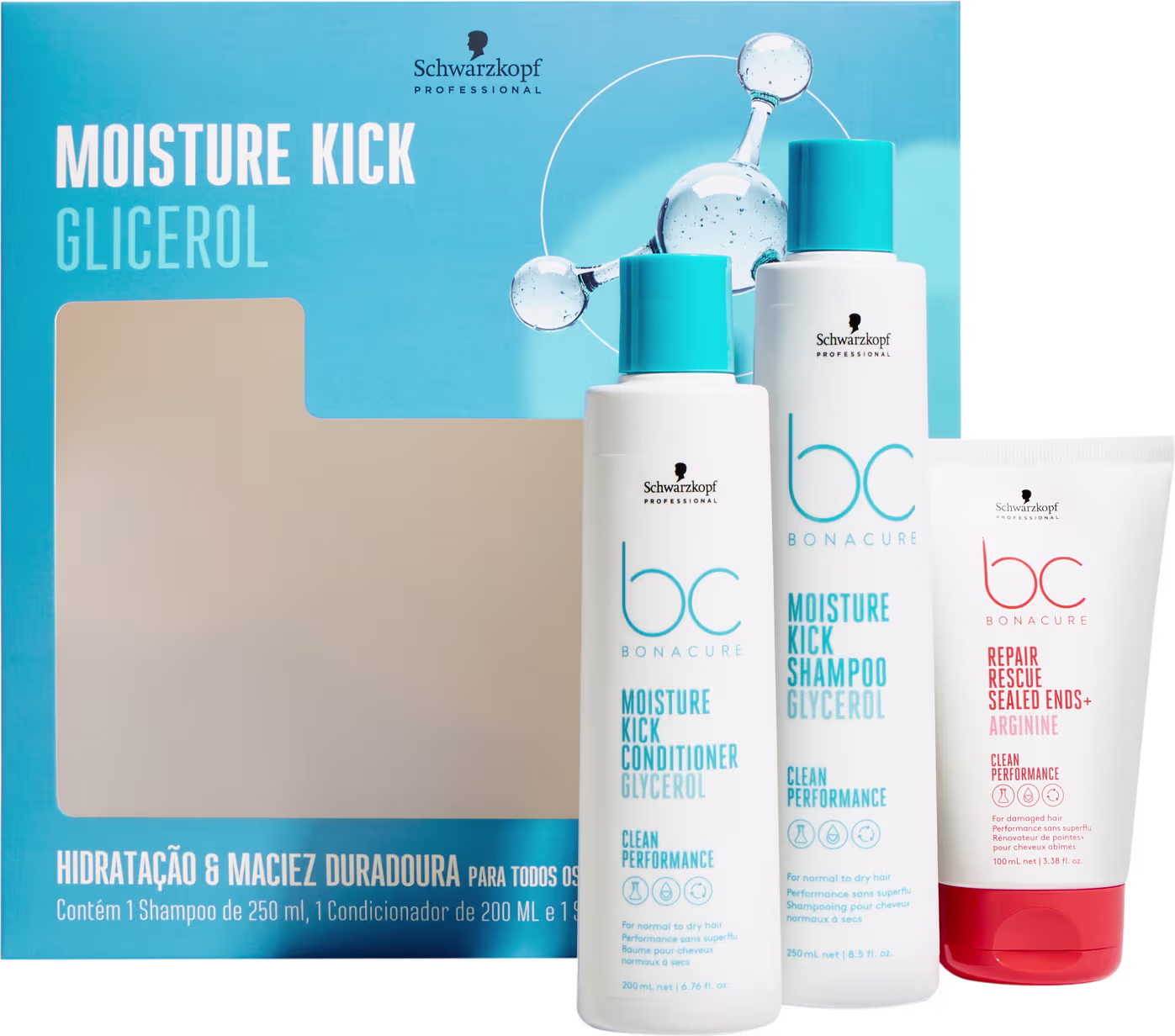 Kit Schwarzkopf Professional Moisture Kick + Repair Rescue, 3 produtos.