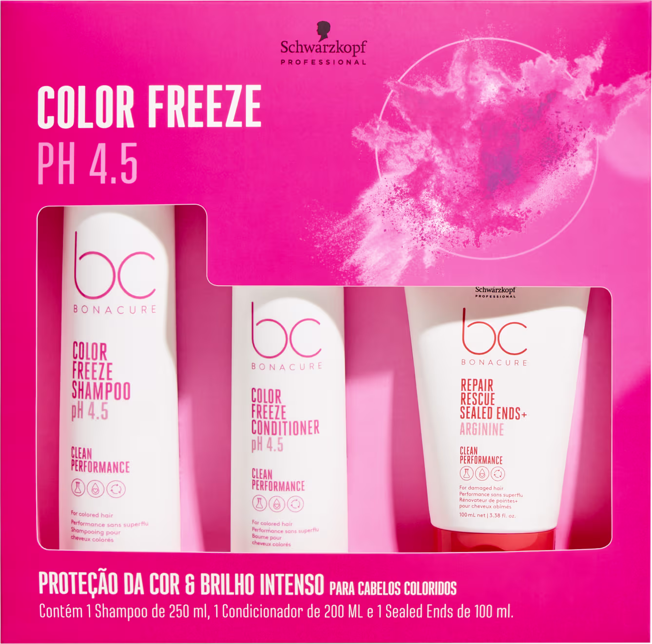 Kit Schwarzkopf Professional Color Freeze + Repair Rescue, 3 produtos.