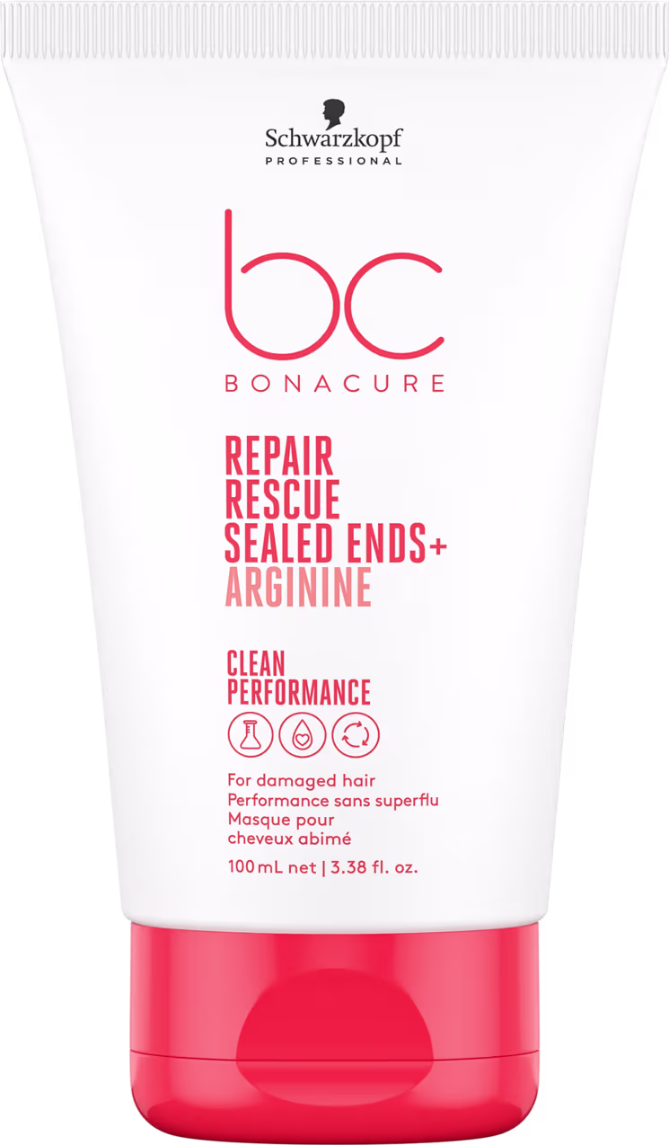 Tubo branco com tampa vermelha da linha Bonacure Repair Rescue da Schwarzkopf Professional, contendo o produto "Repair Rescue Sealed Ends + Arginine" para cabelos danificados, com informações sobre seu desempenho na embalagem.