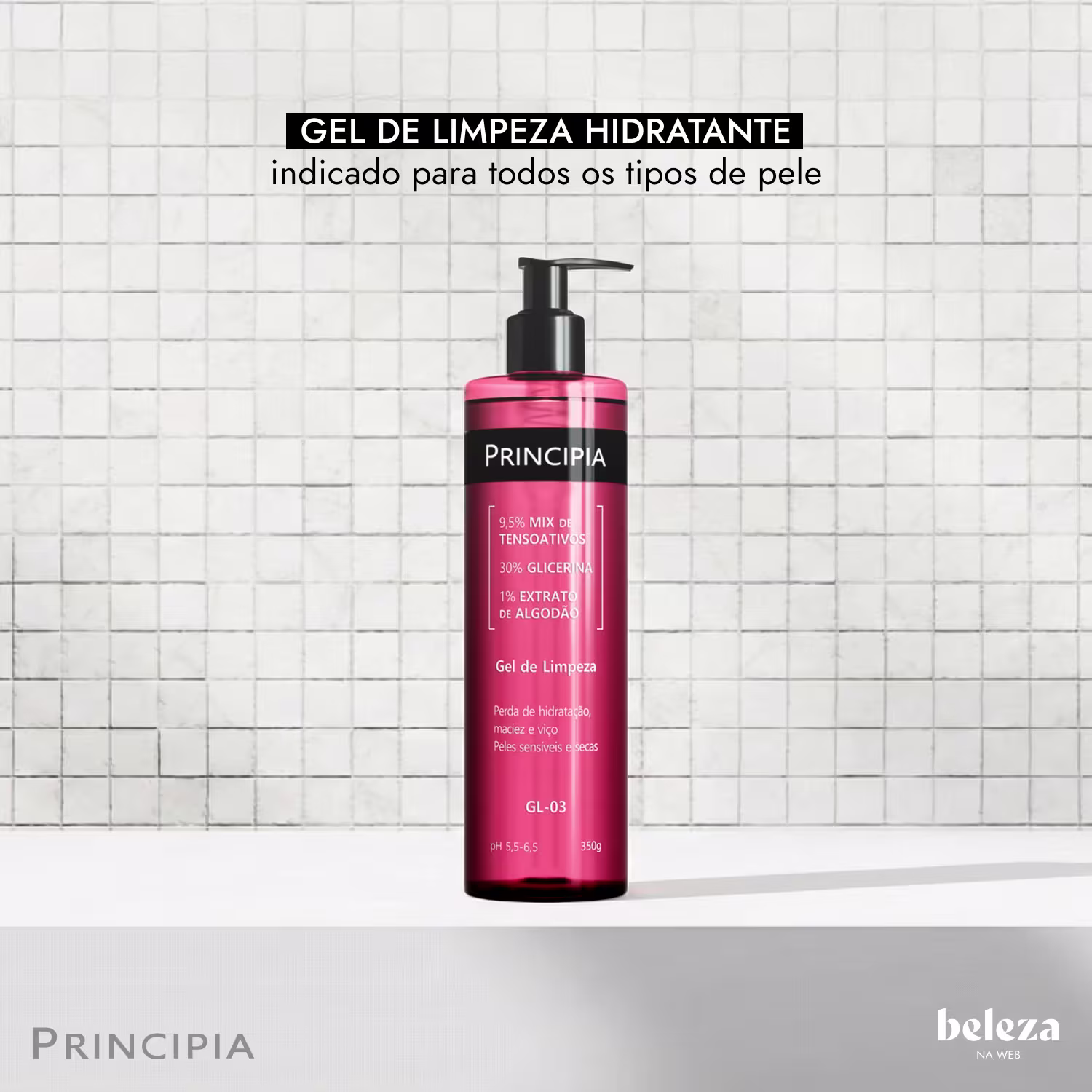 Gel de limpeza hidratante indicado para todos os tipos de pele, com 95,5% de tensoativos, 30% de glicerina e 1% de extrato de algodão, da marca Principia.