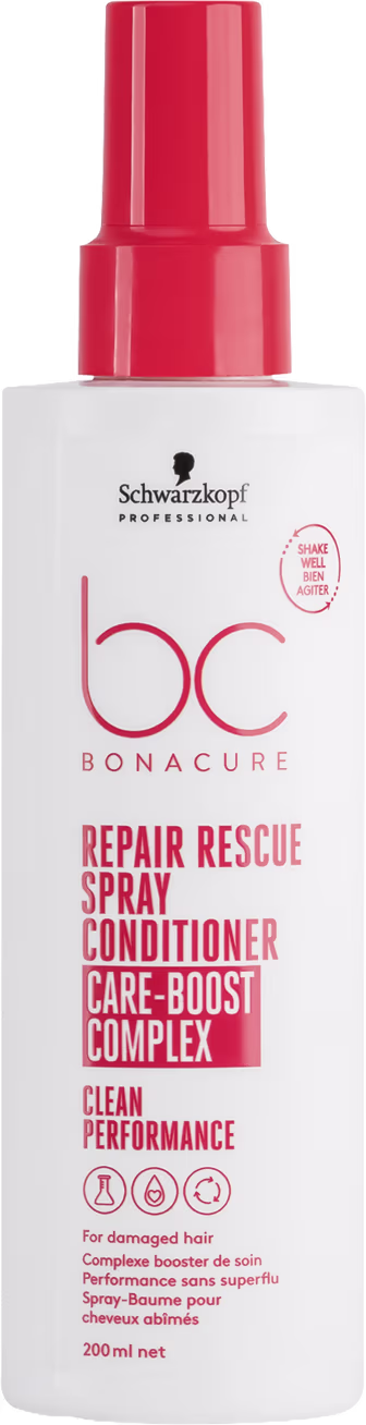 Frasco branco com rótulo da marca Schwarzkopf Professional BC Bonacure Repair Rescue, contendo um spray condicionador de 200ml