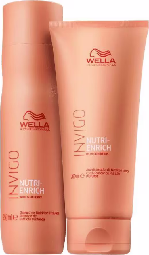 São produtos para cabelo da linha Nutri-Enrich da marca Wella Professionals. Um frasco de shampoo 250ml e um tubo de condicionador de 200ml, ambos na cor laranja perolada.