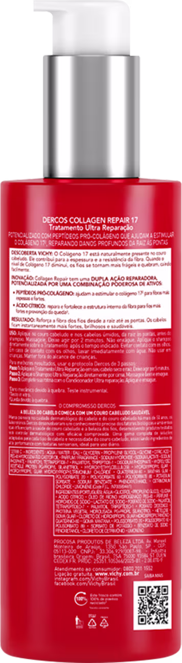 Frasco de tratamento capilar Dercos Collagen Repair 17 da Vichy, com embalagem vermelha e prata, contendo 150g do produto. O rótulo destaca os peptídeos pró-colágeno e o tratamento de ultra reparação para todos os tipos de cabelos danificados.