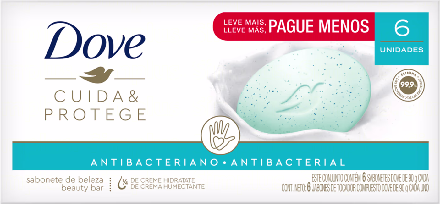 A imagem mostra um pacote com um kit de 6 unidades do Sabonete em Barra Cuida & Protege da marca Dove.