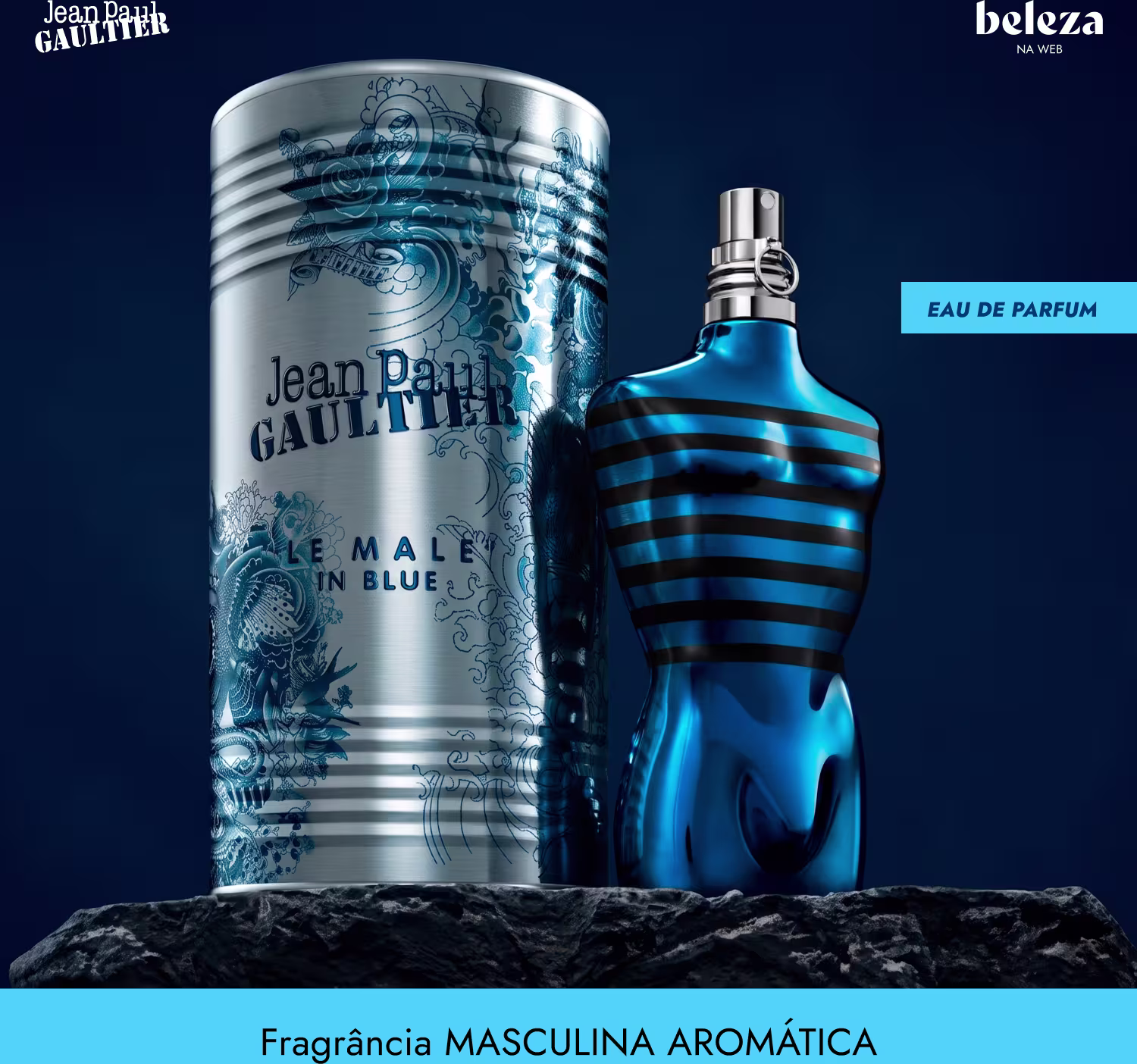 Frasco de item de perfumaria da marca Jean Paul Gaultier, com design em tons de azul e listras pretas, com texto "Le Male in Blue" visível.
