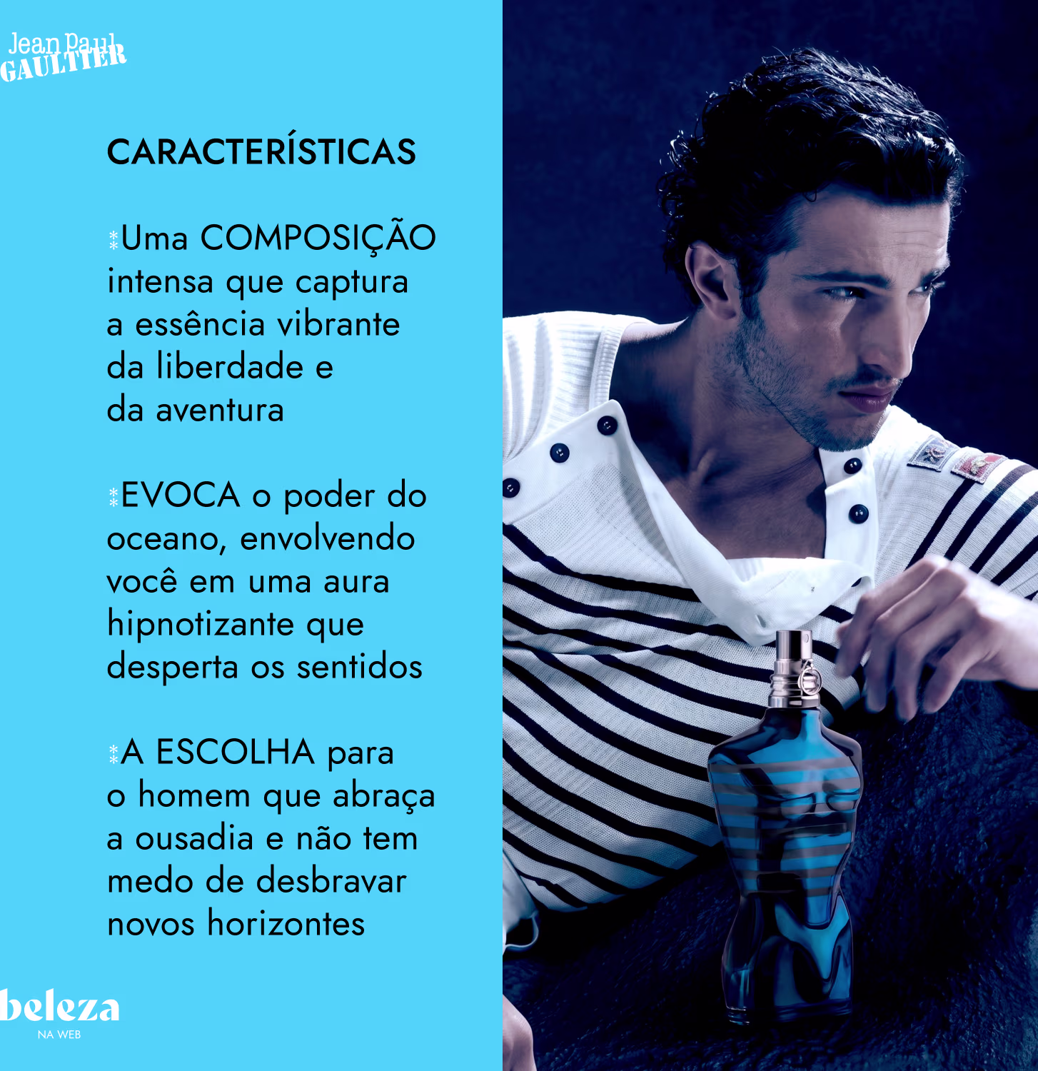 Homem com blusa listrada, segurando item de perfumaria com frasco azul e preto, da marca de perfumaria Jean Paul Gaultier