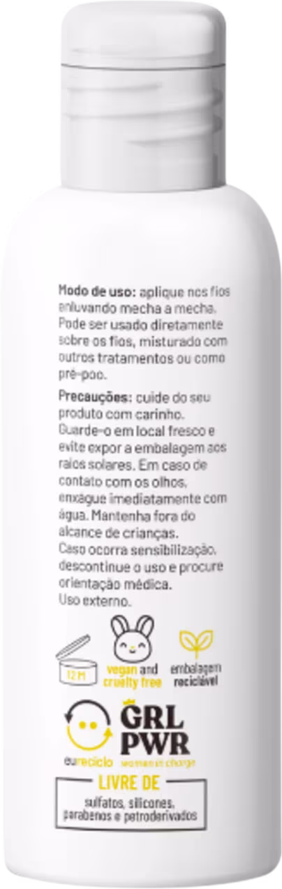 Produto de cuidado capilar em frasco plástico branco opaco com tampa rosqueada. Rótulo em português com instruções de uso, precauções e logotipos.