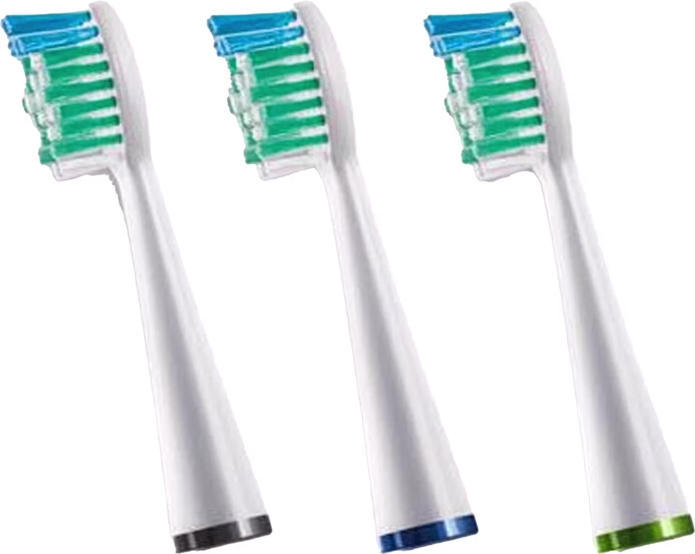 Três cabeças de escova de dentes elétricas Waterpik com cerdas verdes e azuis em um fundo preto.
