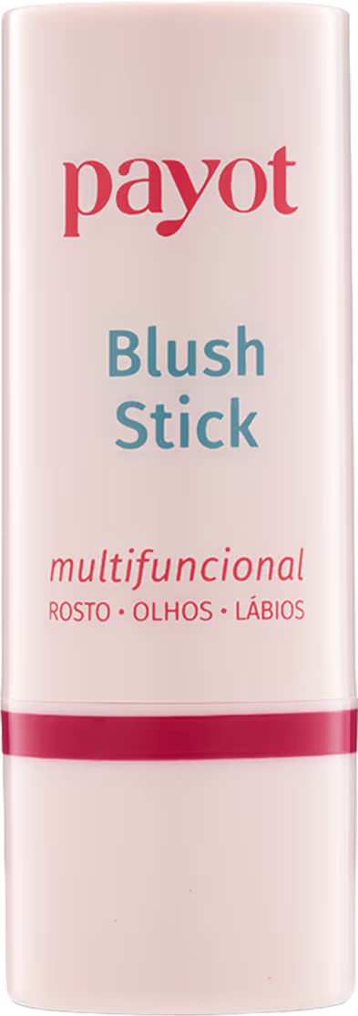 Embalagem branca cilíndrica com rótulo vermelho e azul da marca Payot, contendo um item de maquiagem chamado Blush Stick, com texto indicando ser um produto multifuncional para rosto, olhos e lábios.