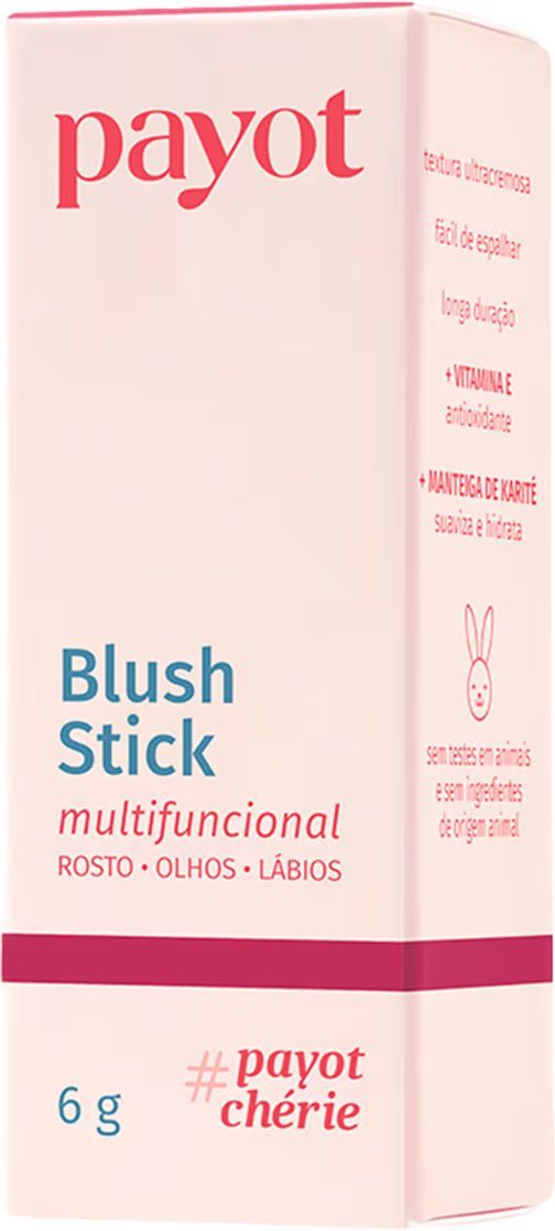 Caixa de papelão rosa com logotipo da marca Payot, contendo um item de maquiagem em formato de bastão, com rótulo indicando "Blush Stick multifuncional" para uso em rosto, olhos e lábios.