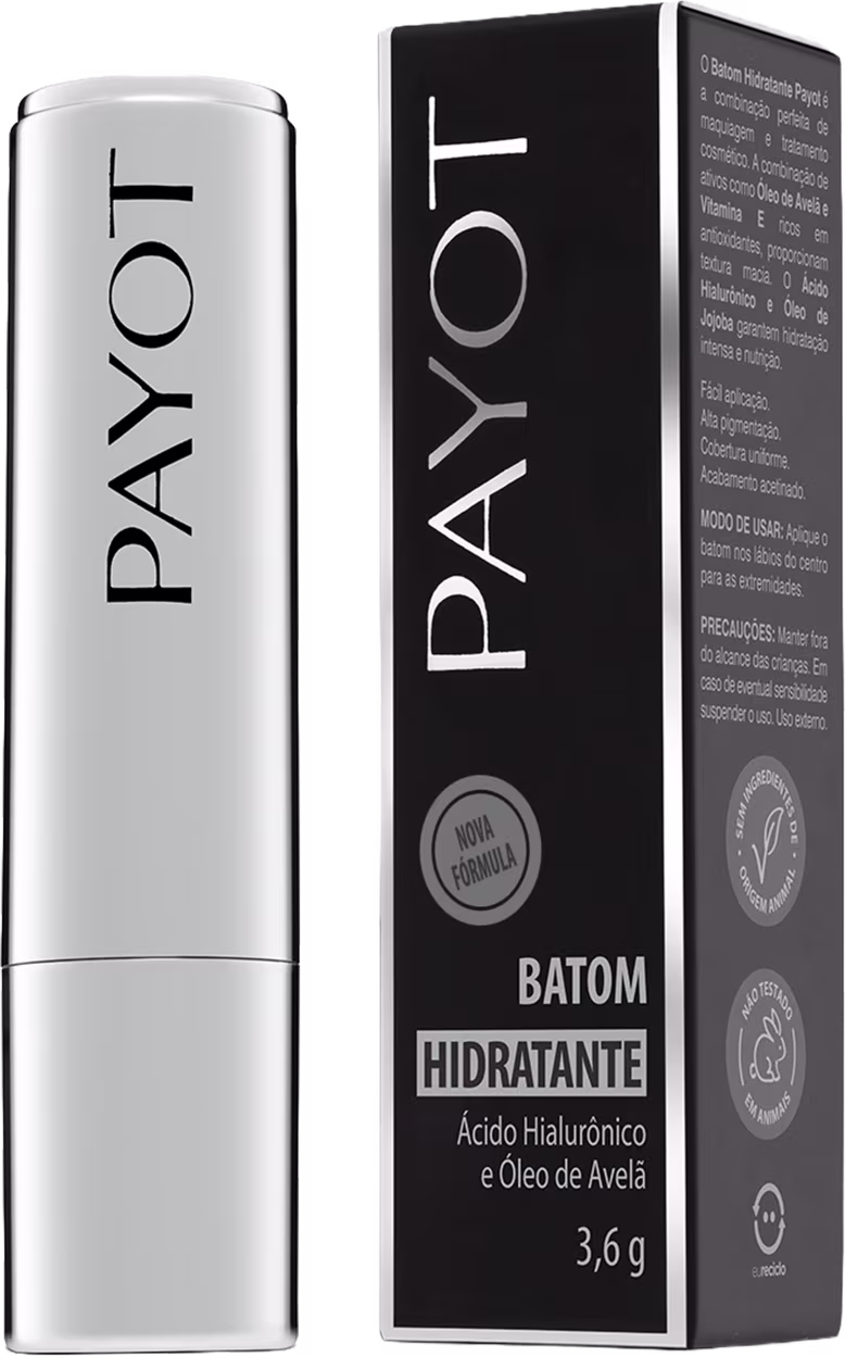 Embalagem preta e branca de batom da marca Payot, com frasco retangular e caixa com texto "Batom Hidratante" e informações sobre ingredientes.