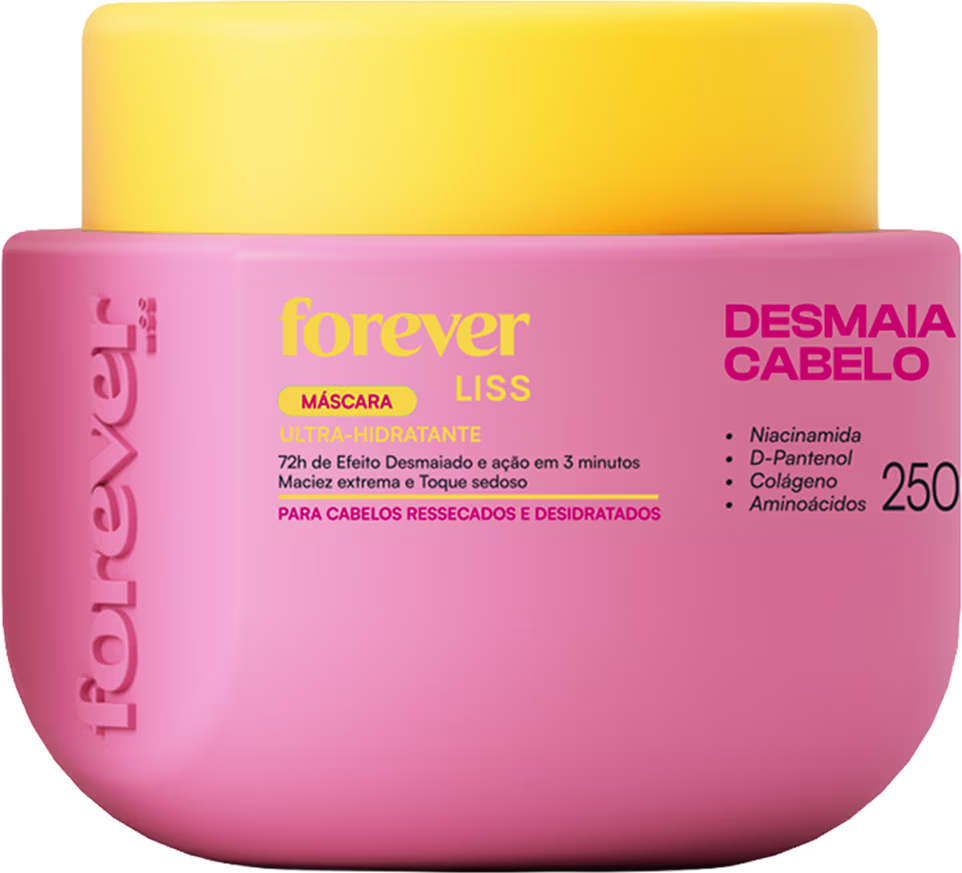 Embalagem rosa com rótulo amarelo da máscara capilar Forever Liss, com informações sobre os ingredientes e benefícios para cabelos ressecados e desidratados.
